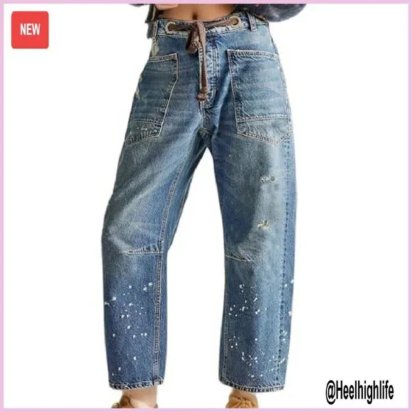 Pull-On Barrel Jeans Boyfriend Fit Elastic Waist Stretchy Denim Pants